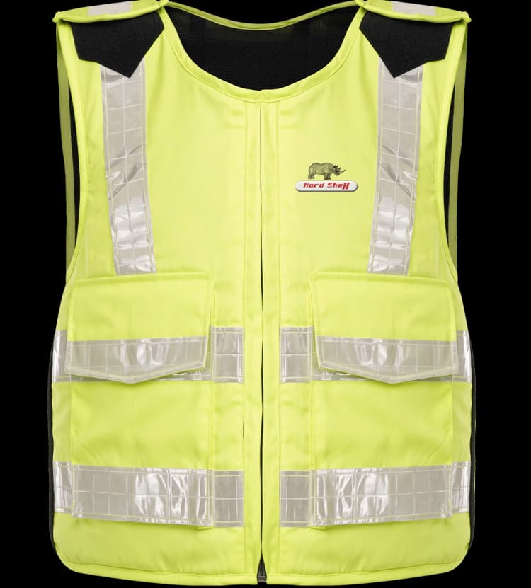 High-visibility Hi-Viz Jacket with reflective silver strips and “Hard Shell” logo featuring a rhino, designed for construction or road safety.