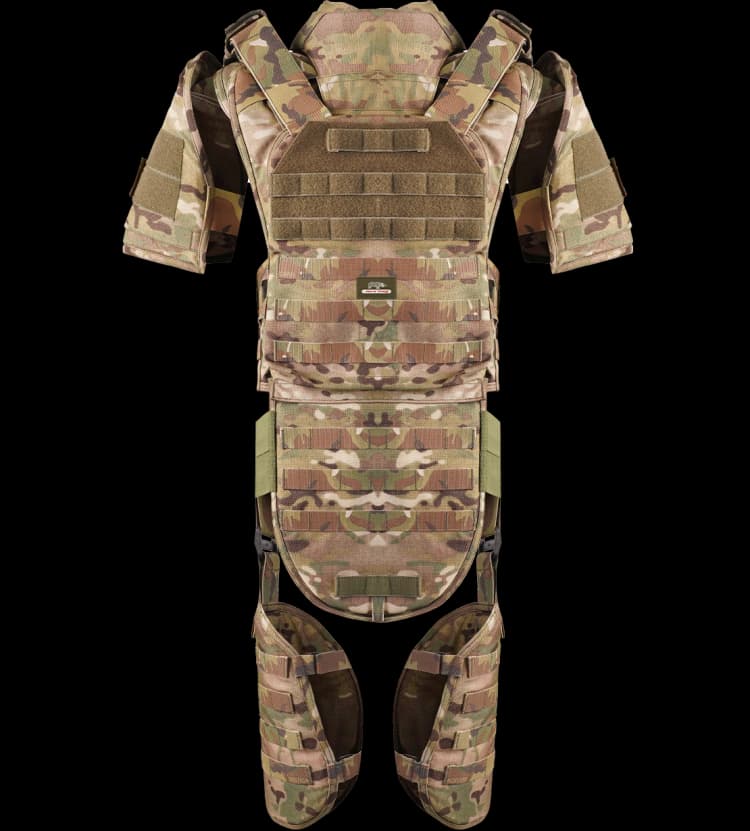 Front view of Hard Shell Saviour Vest showing complete ballistic coverage with detachable groin and thigh guards.