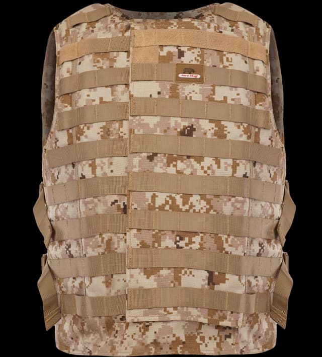 Front view of tan digital camouflage MOLLE Protector Vest by Hard Shell, featuring modular webbing for tactical gear attachment