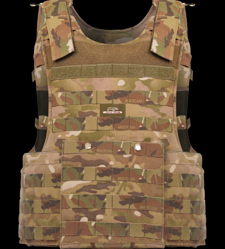 Front view of Hard Shell camouflage Tactical Operator Vest with MOLLE webbing and modular pouch system.