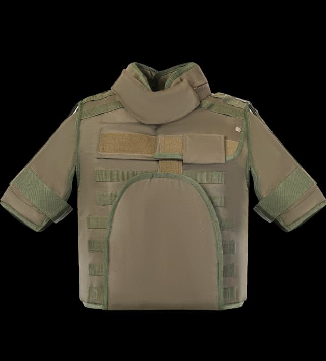 Man wearing Hard Shell olive green Rescuer Vest with neck, shoulder, and groin protection, designed for tactical and rescue operations.