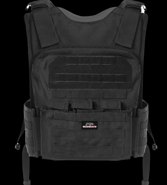 Front view of Hard Shell Active Shooter Plate Carrier with MOLLE webbing and front utility pouch.