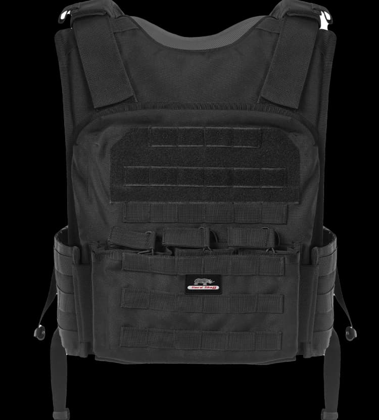 Front view of Hard Shell Active Shooter Plate Carrier with MOLLE webbing and front utility pouch.