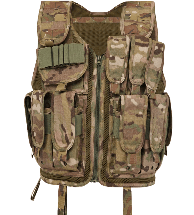 Front view of Hard Shell Assault Vest featuring multiple tactical pouches for ammunition and gear storage.