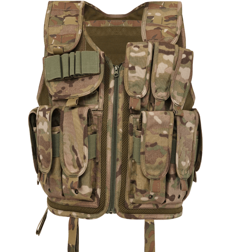 Front view of Hard Shell Assault Vest featuring multiple tactical pouches for ammunition and gear storage.