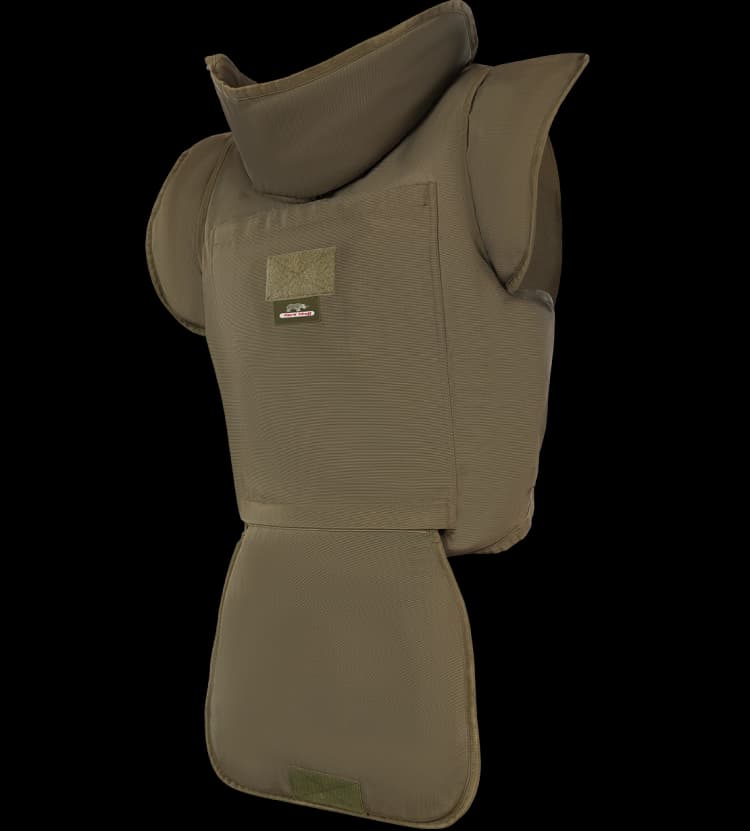 Olive-green demining vest with extended neck, shoulder, and groin protection shown from a front angle.