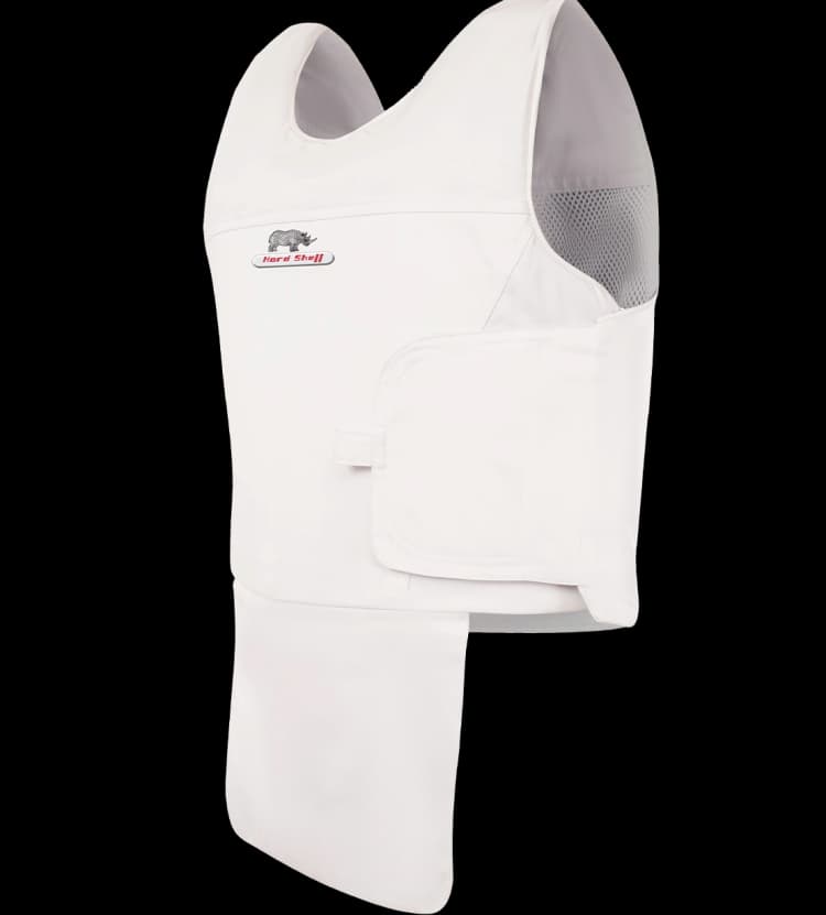 White Hard Shell concealable vip vest with side ventilation mesh and groin protector for lightweight concealed body armor protection.