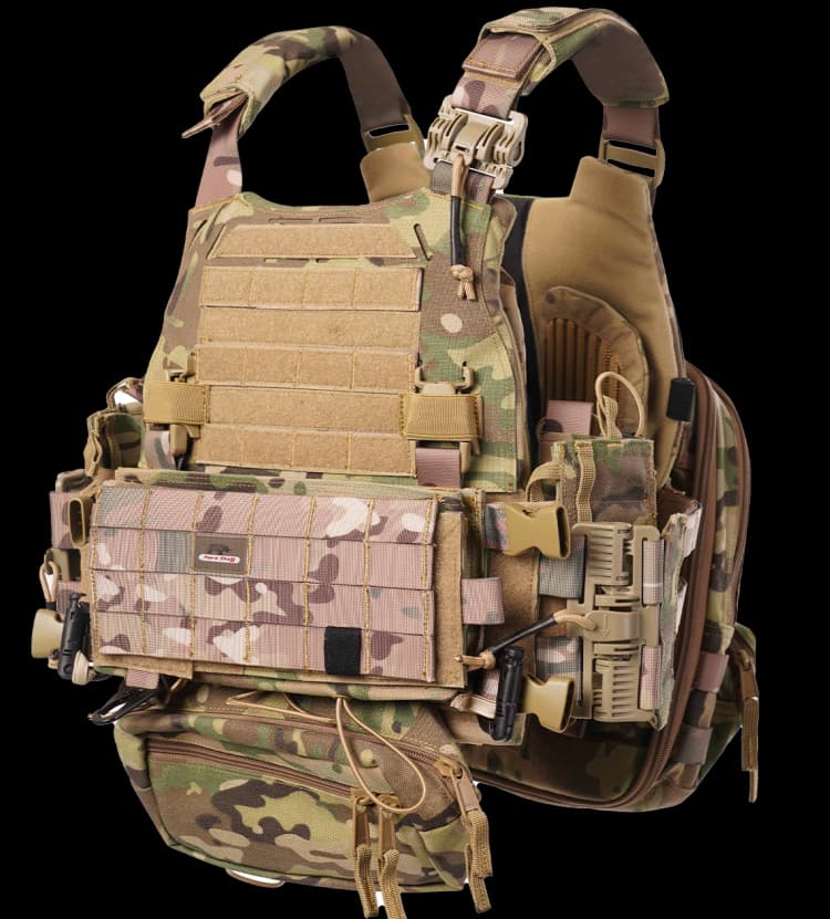 Angled view of Hard Shell Ranger Vest highlighting front utility pouches, adjustable straps, and MOLLE system.