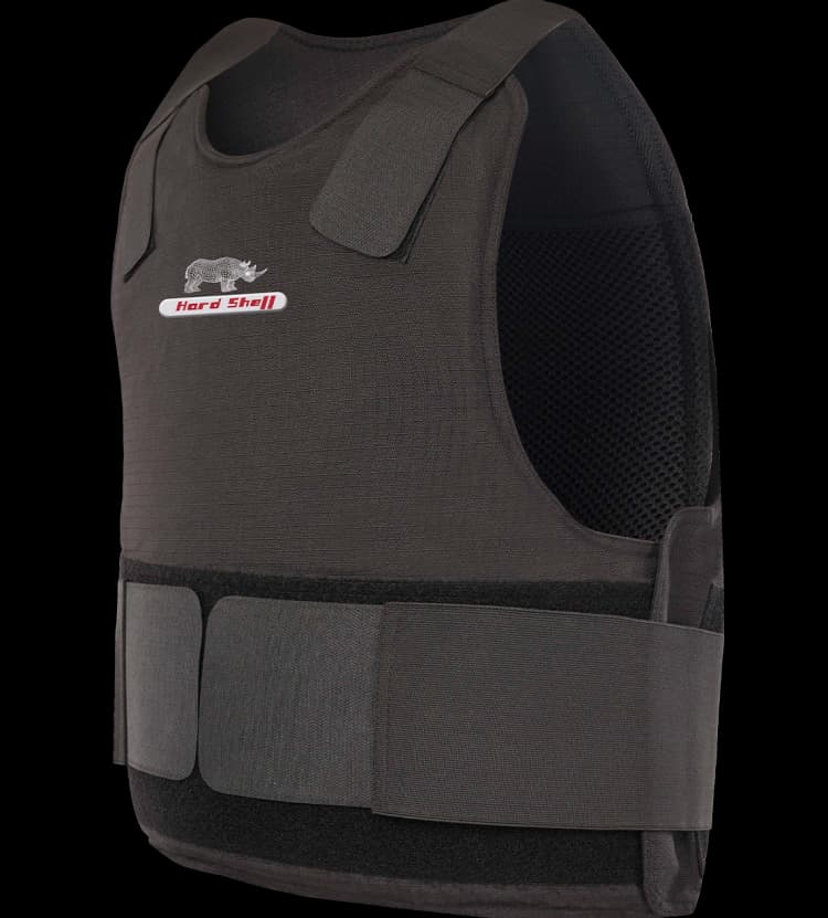 Side view of Hard Shell Endorser Vest in black, featuring adjustable straps and breathable mesh for comfort and ballistic protection.