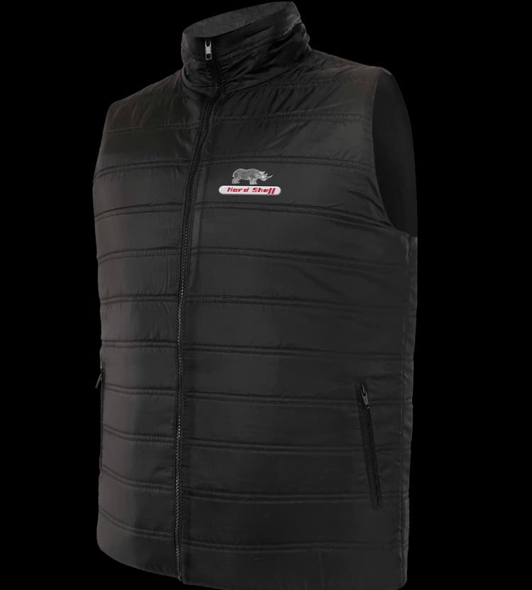 Hard Shell black Winter Turf Vest with zip closure, lightweight insulation, and tactical design for warmth and protection.