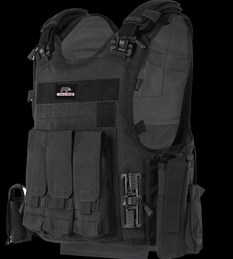 Angled view of Hard Shell Rhino Tactical Vest highlighting adjustable shoulder straps and heavy-duty tactical design.