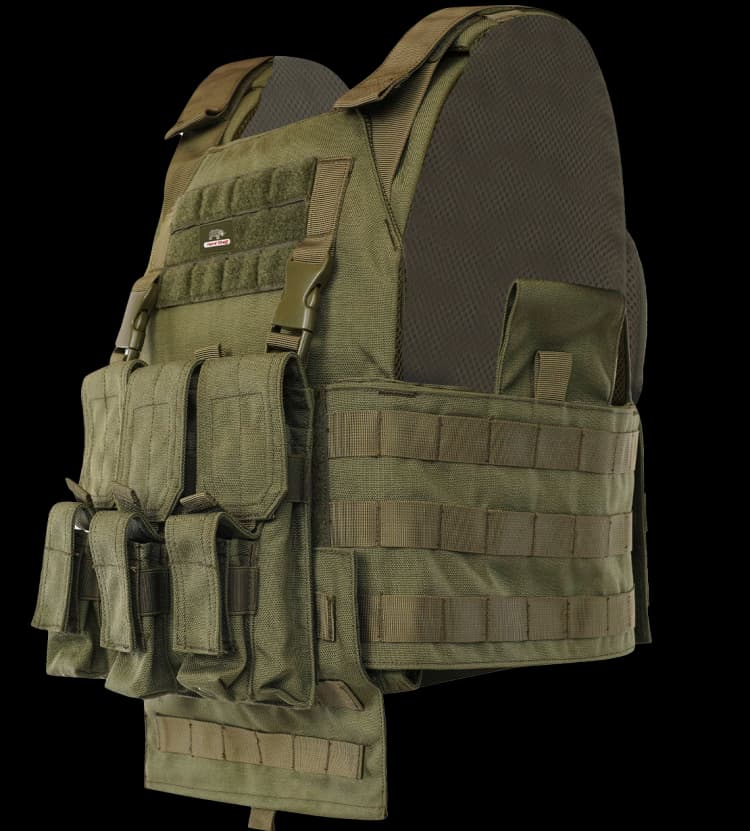 Angled view of Hard Shell Plate Carrier Vest - Slick I highlighting padded shoulders and tactical pouch setup.