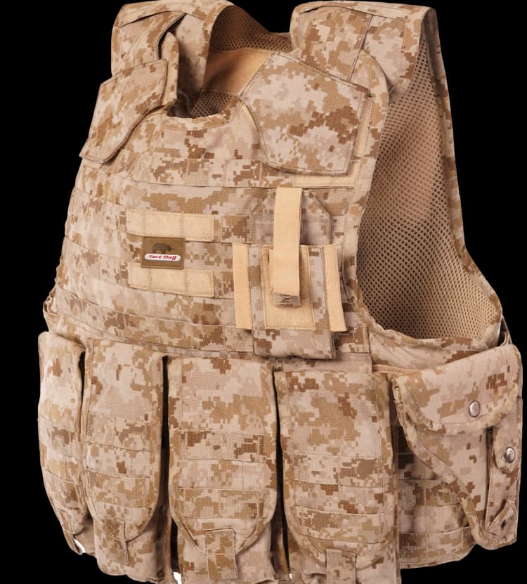 Angled view of Hard Shell PullTac Quick Release Vest showing mesh sides and modular MOLLE system.