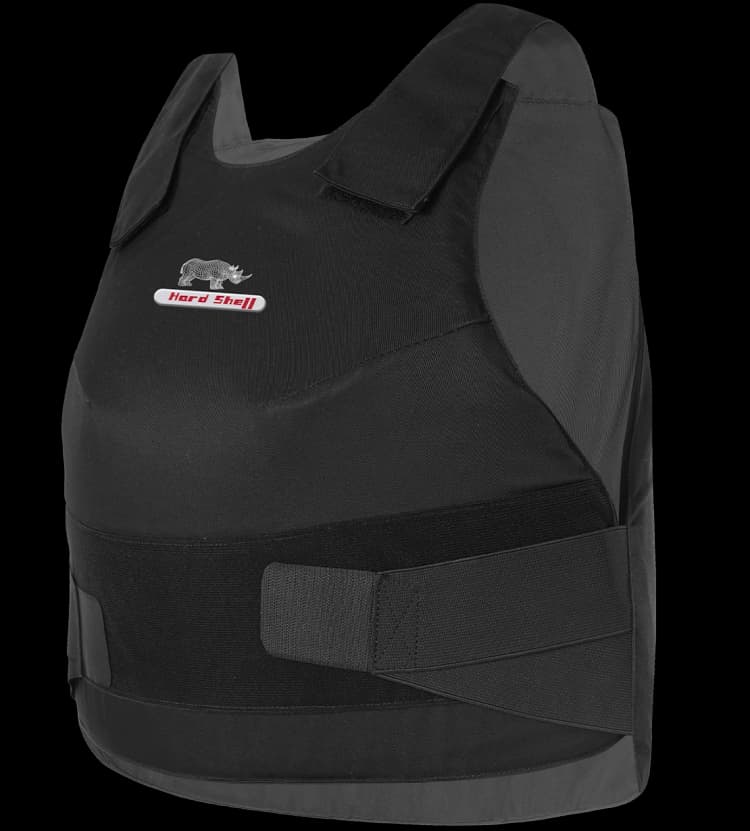 Side view of Hard Shell Vixen Vest for women, lightweight black ballistic body armor with adjustable straps for comfort.