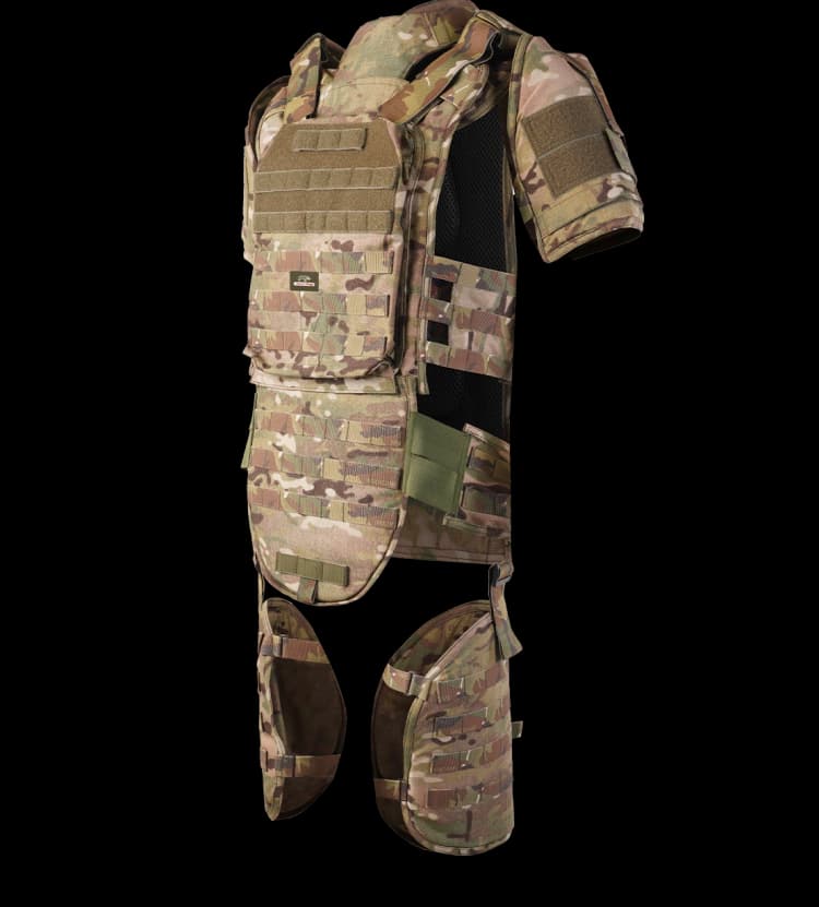 Angled view of Hard Shell Saviour Vest highlighting MOLLE webbing and breathable side mesh panels.