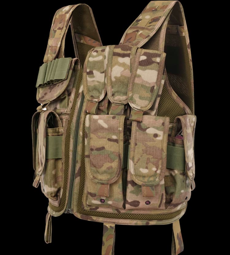 Angled view of Hard Shell Assault Vest showing mesh ventilation and durable MOLLE pouch design.