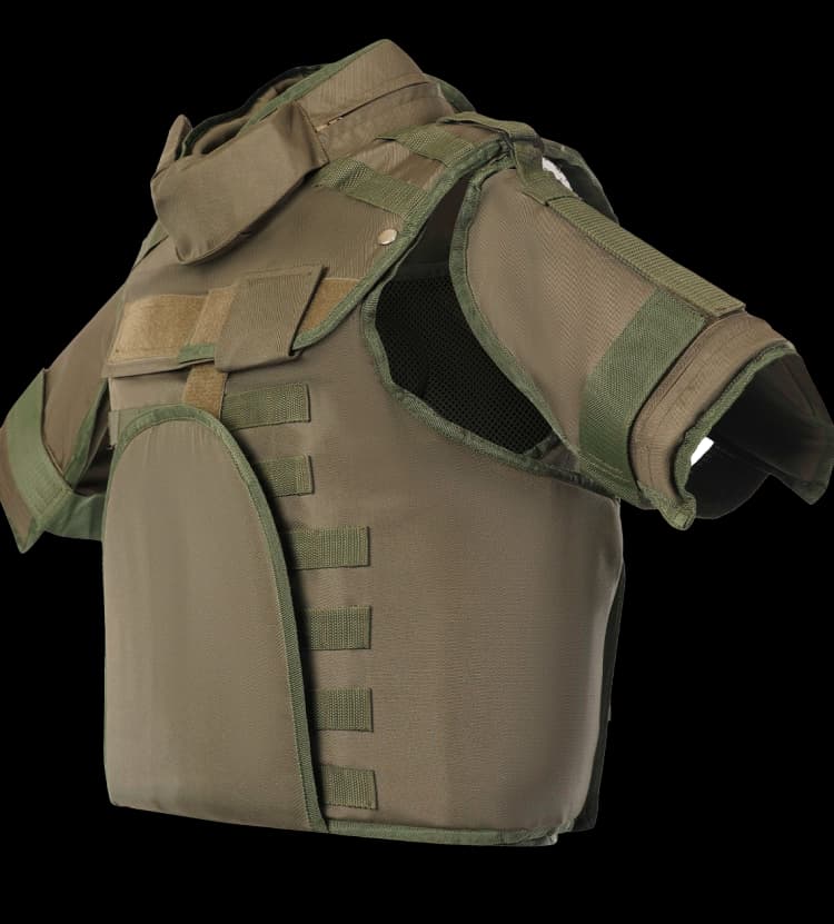 Side view of Hard Shell olive green Rescuer Vest with reinforced shoulder, neck, and groin protection, designed for high-threat tactical missions.