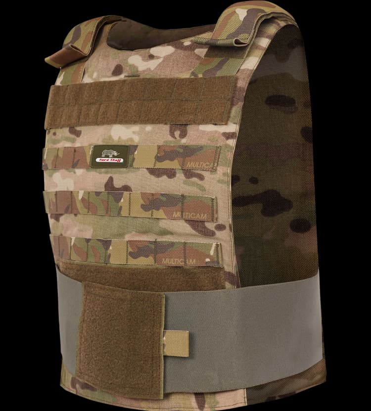 Angled view of Hard Shell Phantom Vest showing durable construction and tactical MOLLE layout.
