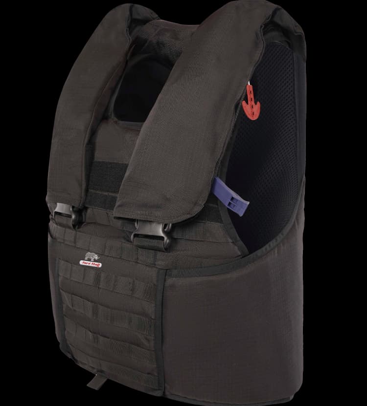 Angled view of Hard Shell Tactical Marine Vest showing flotation collar and durable tactical fabric.