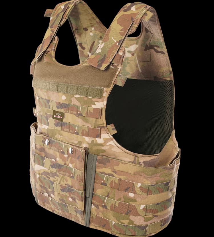 Angled view of Hard Shell Tactical Operator Vest showing breathable mesh lining and adjustable shoulder straps.