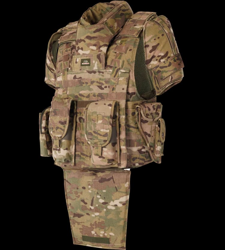 Side view of Hard Shell camouflage Warrior Vest with multiple pouches, neck, shoulder, and groin protection for advanced tactical performance.