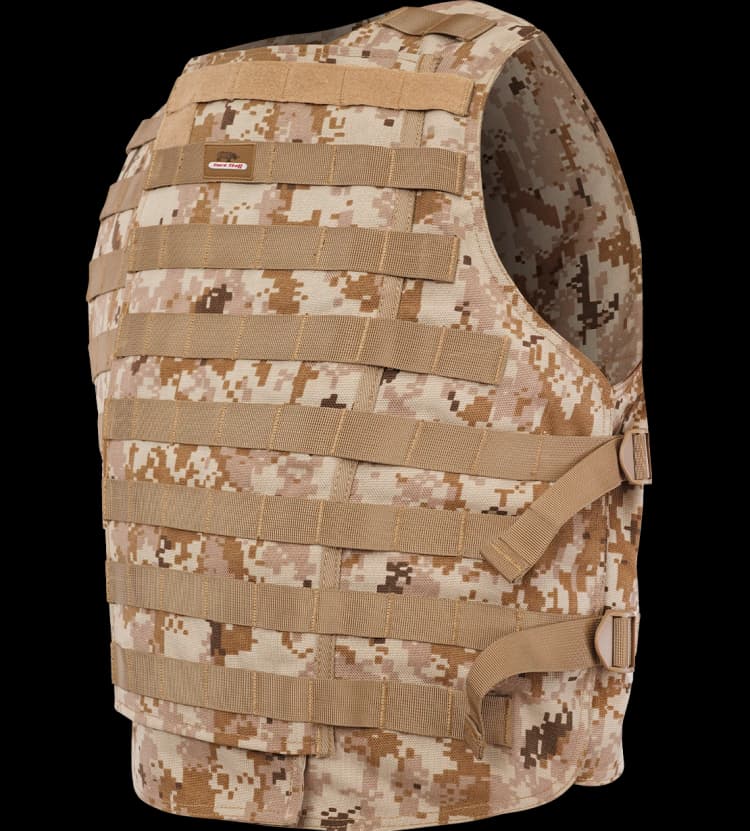 Side view of Hard Shell Front Opening MOLLE Protector Vest in tan digital camouflage, featuring modular webbing and adjustable straps.