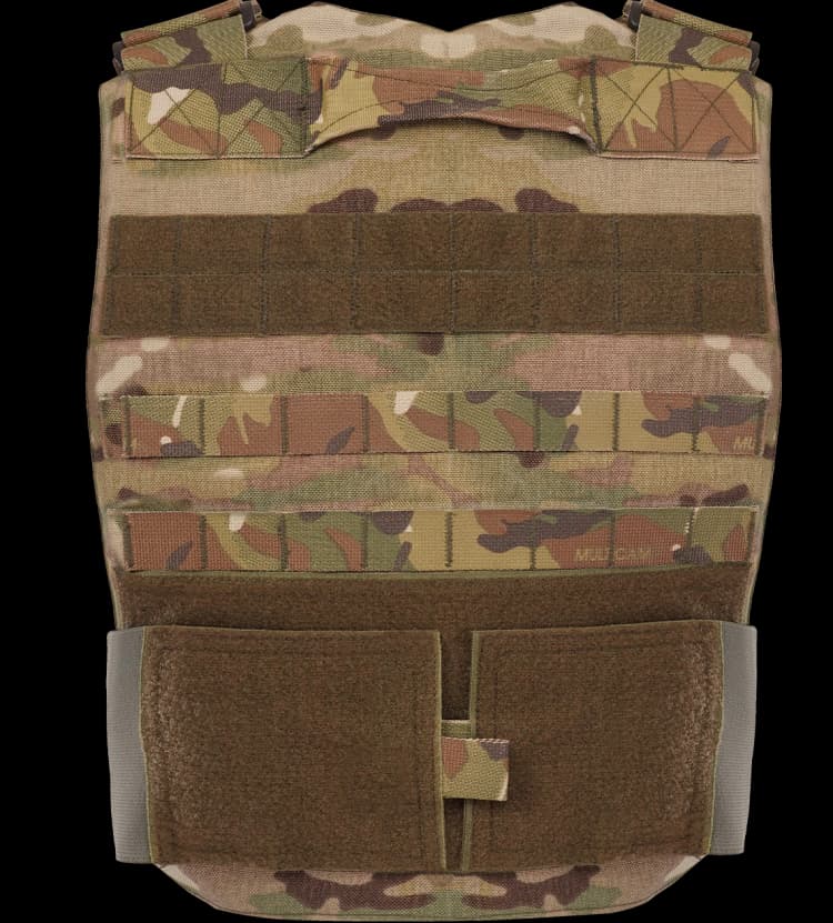 Back view of Hard Shell Phantom Vest multicam with reinforced shoulder straps and rear MOLLE webbing.