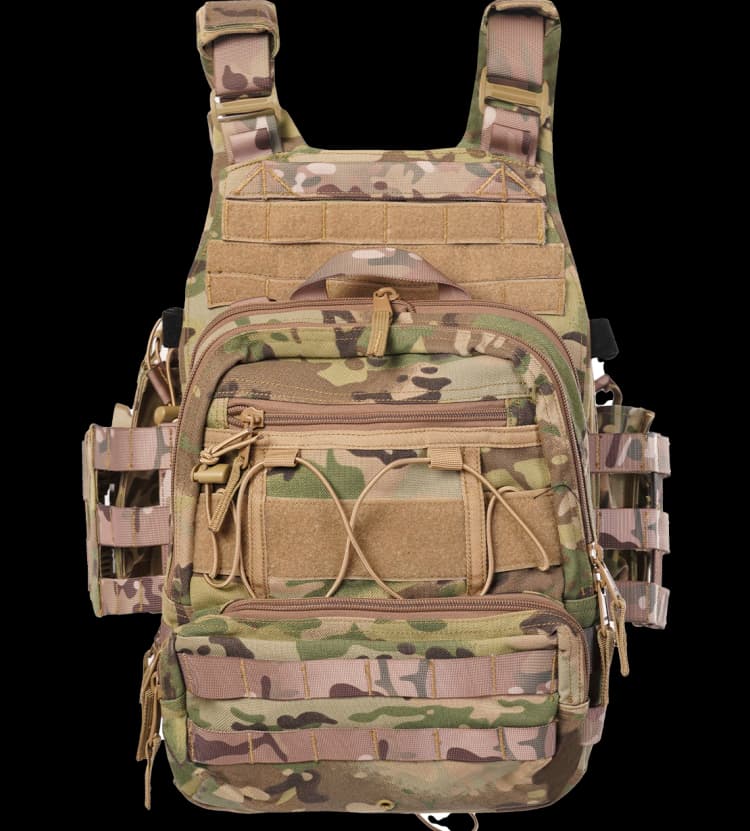 Back view of Hard Shell Ranger Vest in camouflage pattern with multiple pouches and storage compartments.