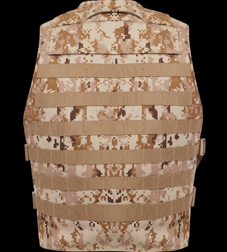 Back view of Hard Shell Front Opening MOLLE Protector Vest in desert digital camouflage, featuring full MOLLE webbing for tactical gear setup.