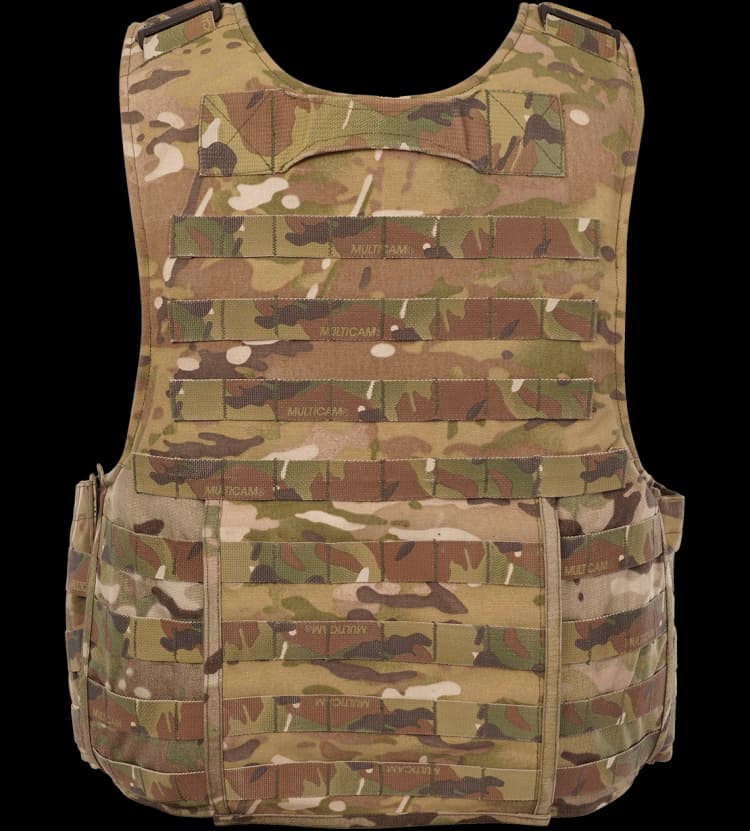 Back view of Hard Shell camouflage Tactical Operator Vest with MOLLE webbing for attachment of tactical gear.