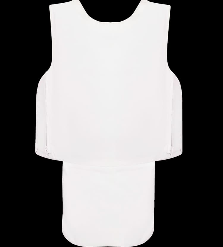 Back view of Hard Shell white concealable vip vest with extended groin protector for full coverage and discreet protection.
