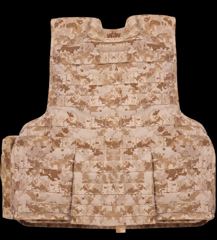 Back view of Hard Shell PullTac Quick Release Vest in desert digital camouflage with durable stitching.