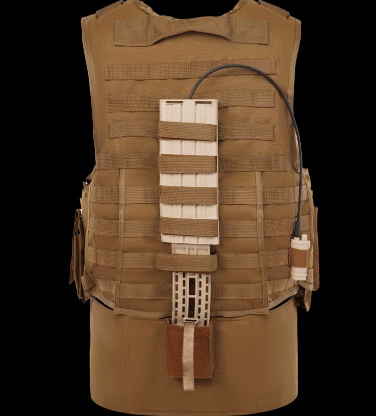 Back view of Hard Shell Tactical Operator Vest AWRS with hydration tube and modular load-bearing design.
