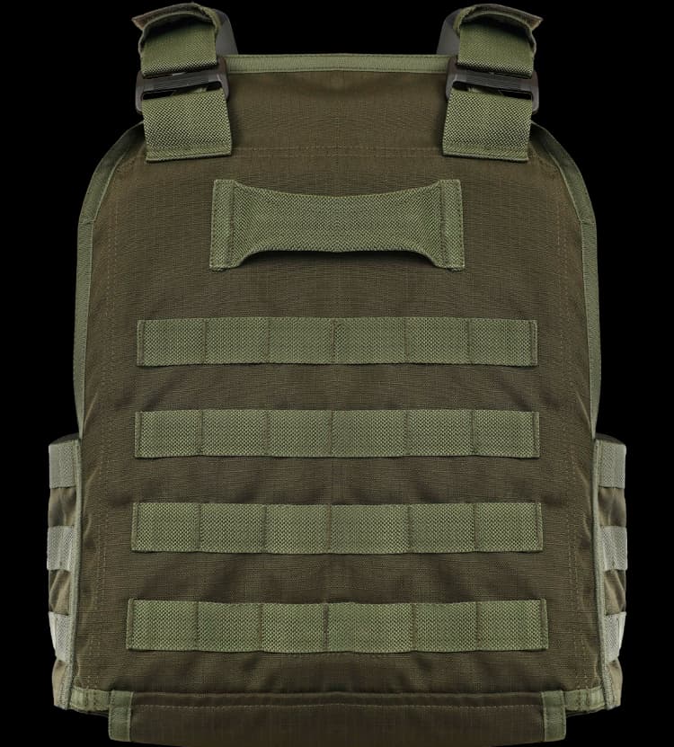 Back view of Hard Shell Plate Carrier Vest - Slick II in olive green with drag handle and MOLLE panels.