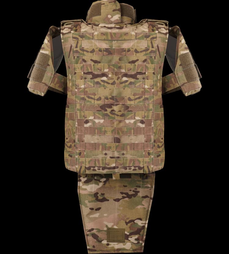 Back view of Hard Shell camouflage Warrior Vest with MOLLE webbing, neck, shoulder, and groin protection for full tactical coverage.