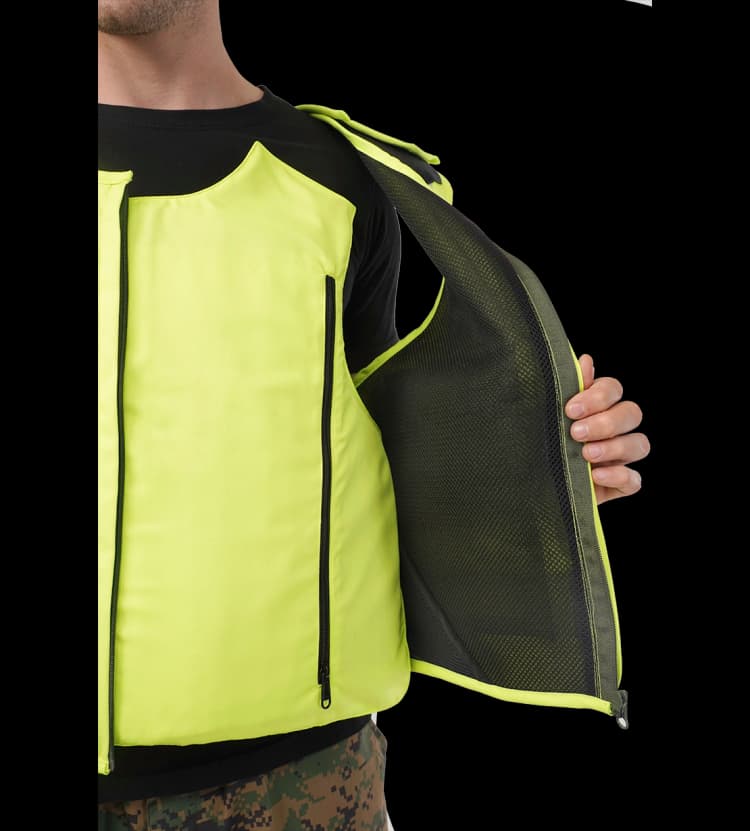 Model wearing a Hi-Viz Jackets with front zippers, showing mesh inner lining for comfort and ventilation