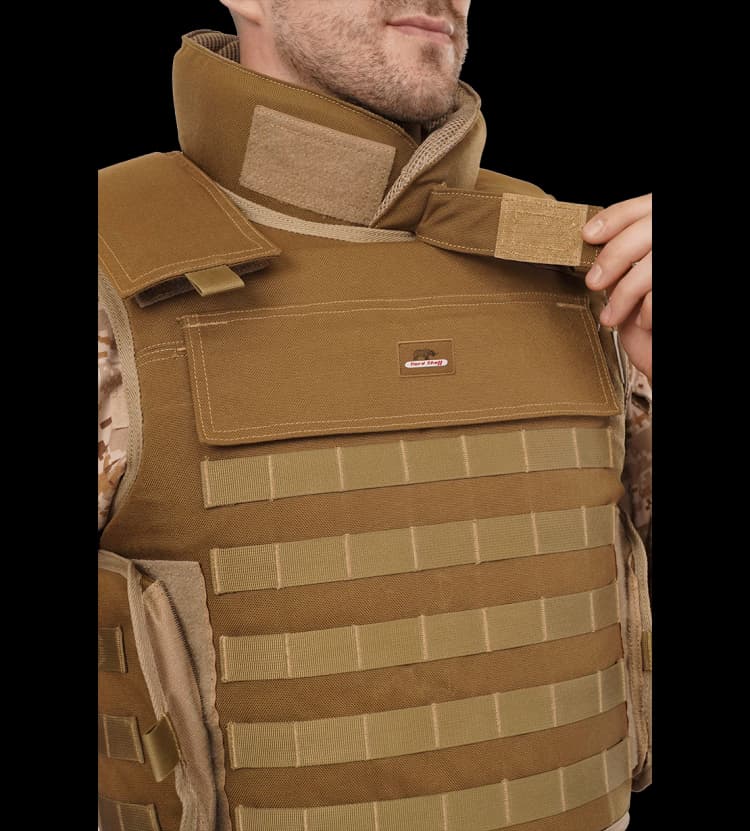 Close-up of Hard Shell MOLLE General Purpose Vest showing adjustable collar and heavy-duty Velcro fasteners.