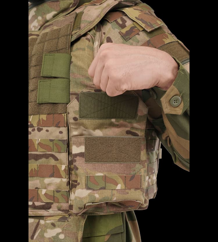 Close-up of Hard Shell camouflage Patron Vest showing side Velcro adjustment for secure fit and enhanced comfort.