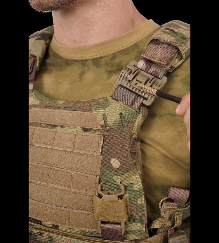 Close-up of Hard Shell Ranger Vest shoulder buckle showing durable stitching and tactical adjustment system.