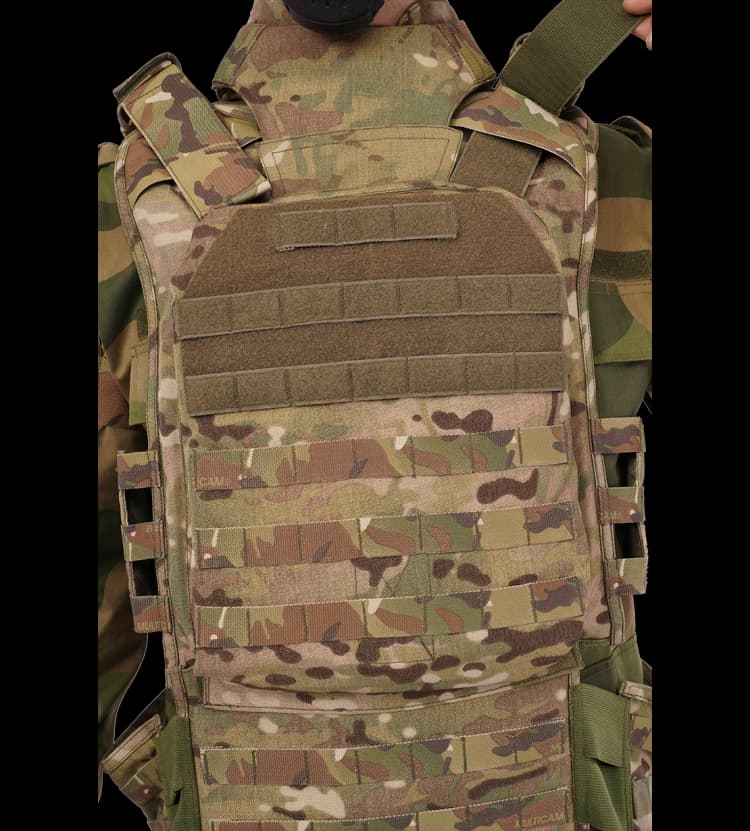 Close-up of Hard Shell Saviour Vest chest panel with MOLLE webbing and ballistic insert pocket.