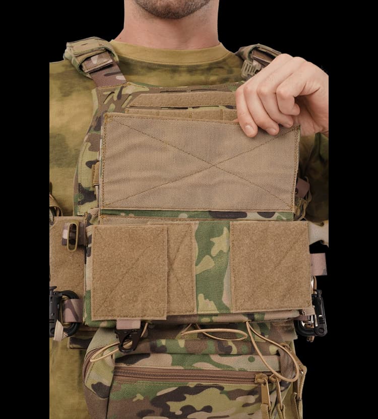 Front opening of Hard Shell Ranger Vest revealing adjustable Velcro flaps and secure plate compartment.