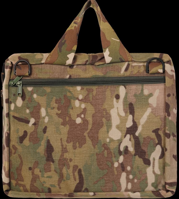 Hard Shell Phantom Vest carry bag in multicam pattern with zipper pocket and handles.