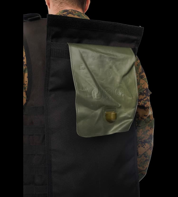 Close-up of Hard Shell Rhino Tactical Vest’s rear hydration system with secure flap and refill valve.