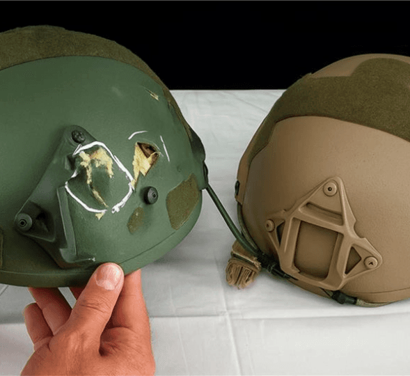 Ballistic helmets showing bullet impact resistance test comparison for superior combat protection performance.