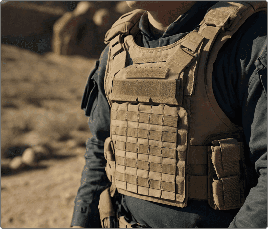 Soldier in desert environment wearing tan tactical body armor vest for combat and field protection.