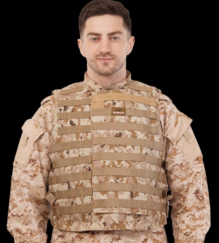 Model wearing Hard Shell desert digital camouflage Front Opening MOLLE Protector Vest, designed for tactical use and modular gear attachment.