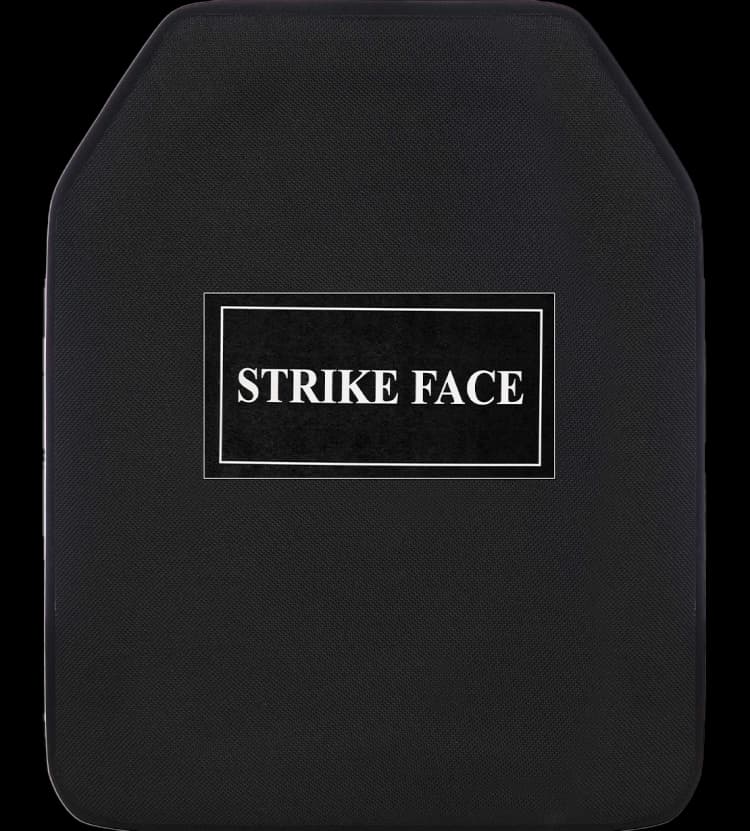 Front-facing view of the RhinoCore RF1 Hard Armor Plate, designed for high-performance ballistic protection with a bold “Strike Face” marking