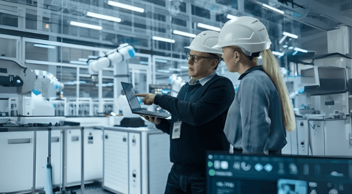 Engineers in safety helmets analyzing production data on a laptop inside an advanced automated manufacturing plant.