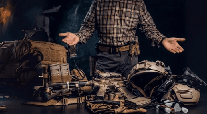 Person displaying tactical gear setup including rifle, helmet, gloves, backpack, and military accessories on a dark table.