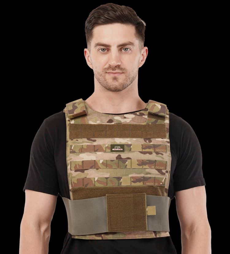 Man wearing Hard Shell Phantom Vest multicam, showing front fit and protective tactical design.